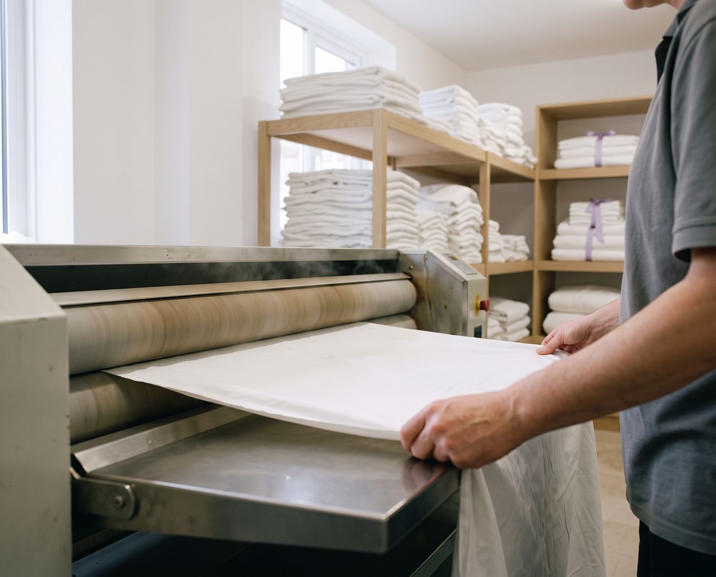 A white sheet being fed through a flatwork ironer