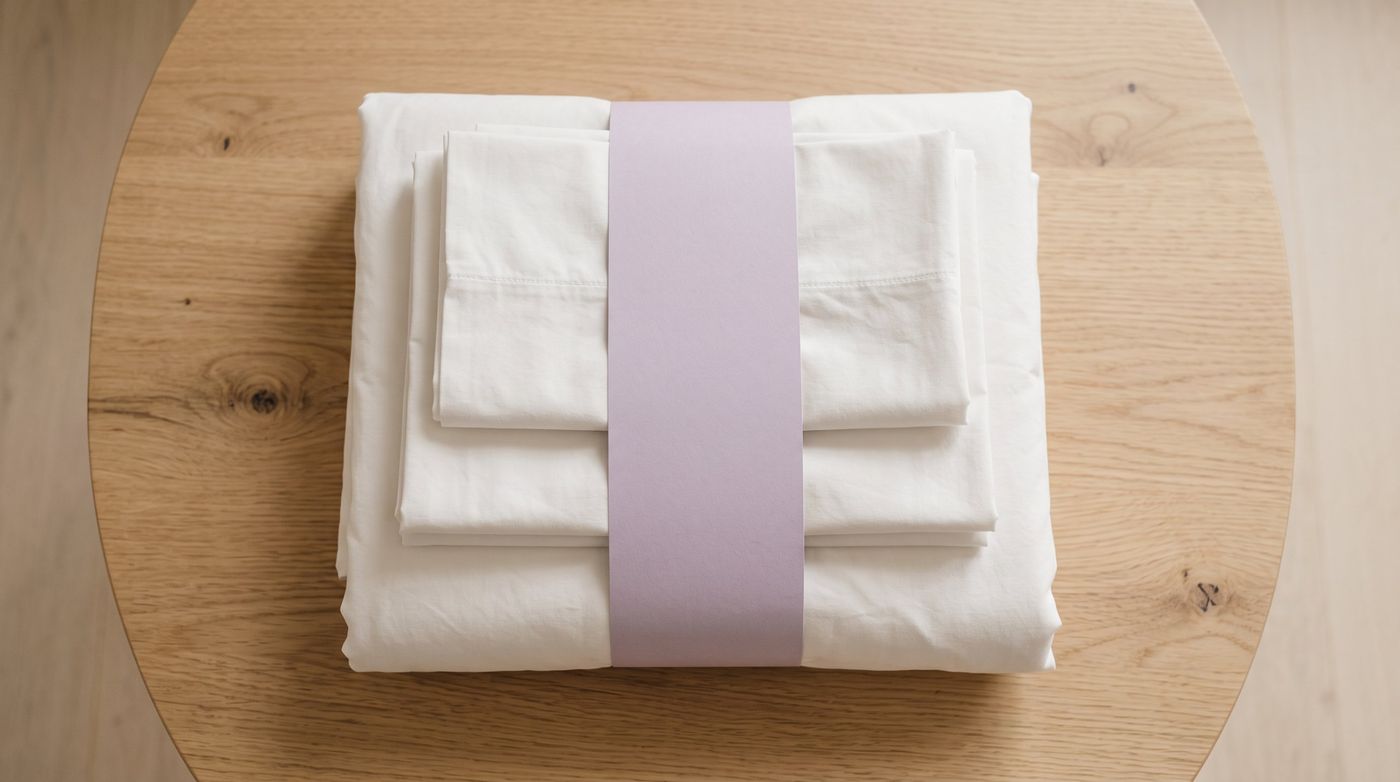 A pressed white bed linen set wrapped in a lavender paper band